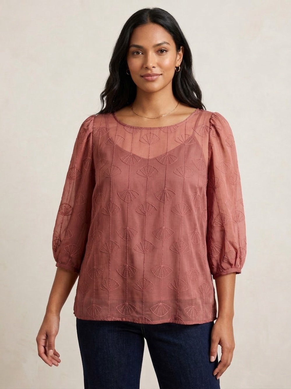 RW&CO. Dusty Rose 3/4 Sleeve Sheet Embroidered Blouse